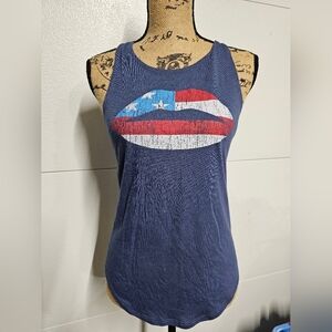 Blue Tank Top with American Flag Lips Graphic